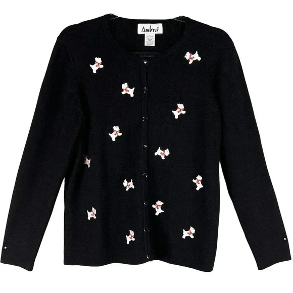 Ambra Womens Large Black Christmas Scottie Dog Embroidered Cardigan Knit Sweater - Picture 1 of 11